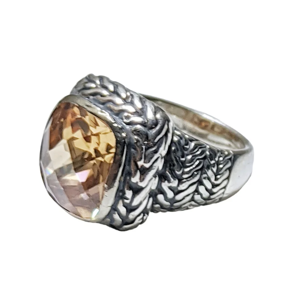 Large Citrine Embossed Design Sterling Silver Ring